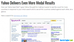 Screenshot of Search Engine Land awarding Yahoo Search with the best Olympics experience