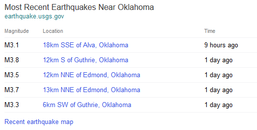 Screenshot of search result for recent earthquakes near Oklahoma